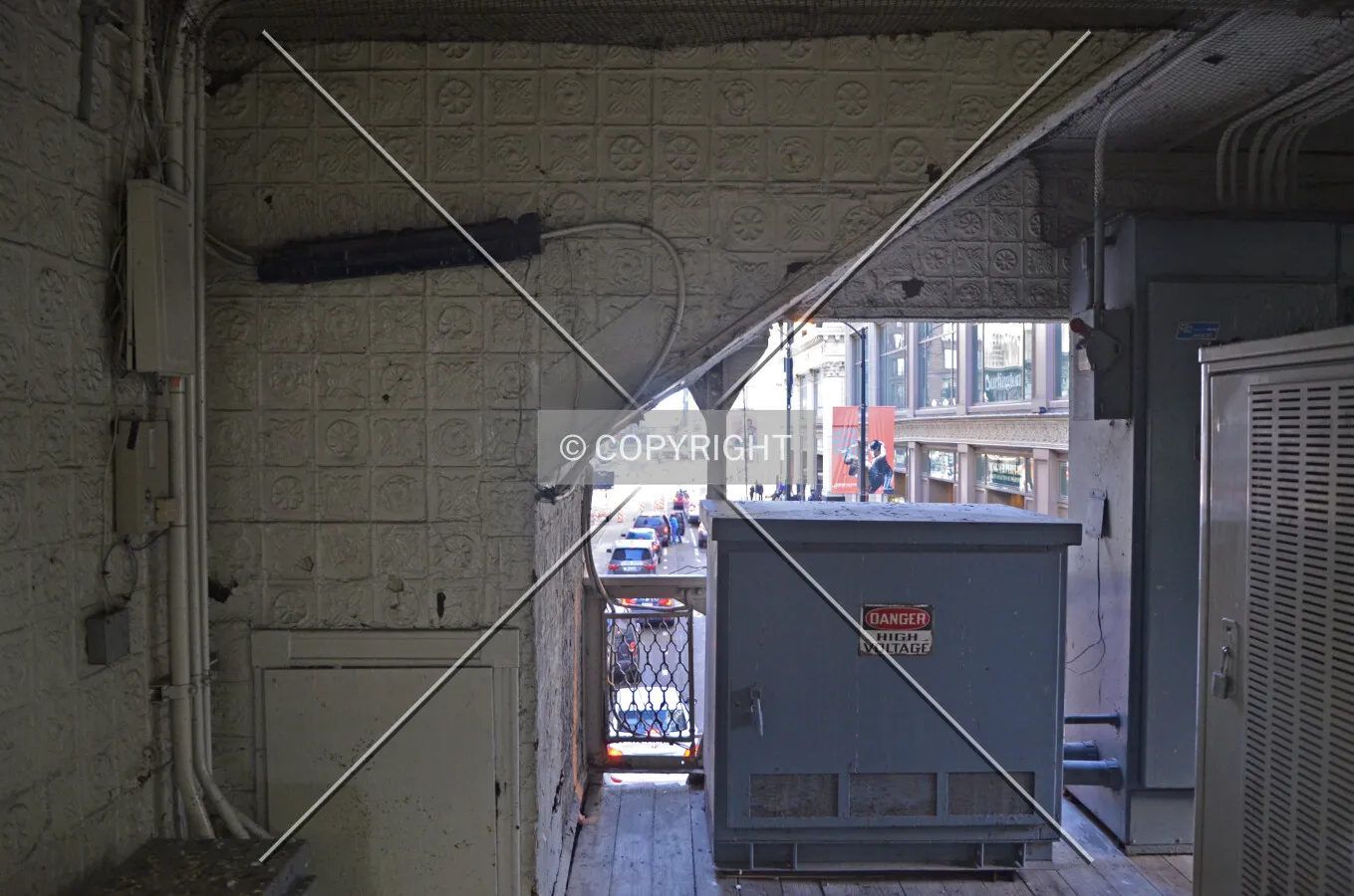 Decorative wall covering on the exterior of the old station house stairway; March 7, 2015.