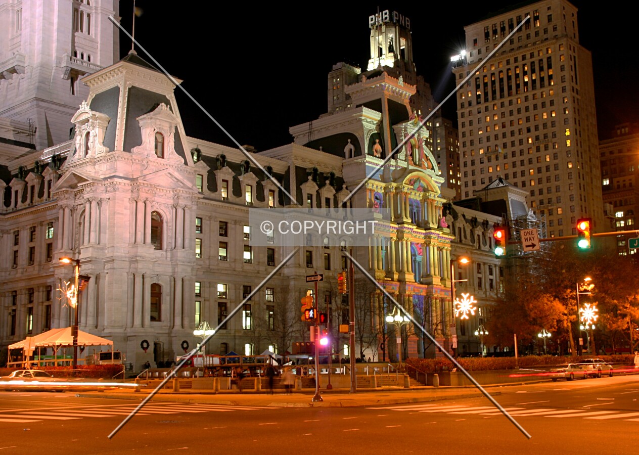 East facade from the northeast during a holiday lighting ceremony