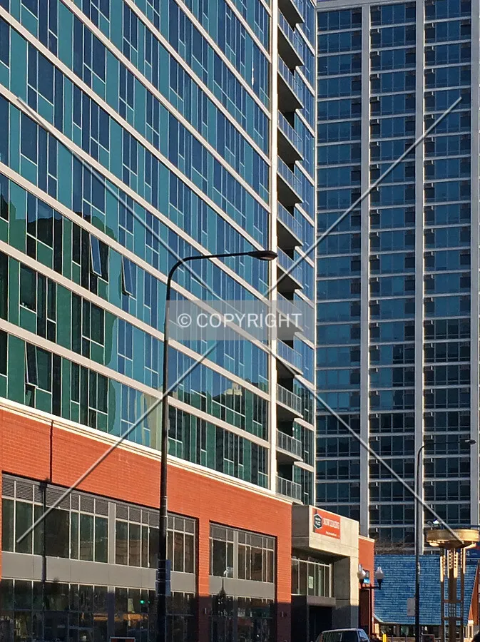 Contrasting facades viewed along Halsted Street; April 23, 2014.
