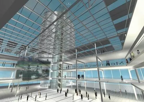 Model view of the connected auto showroom to the tower