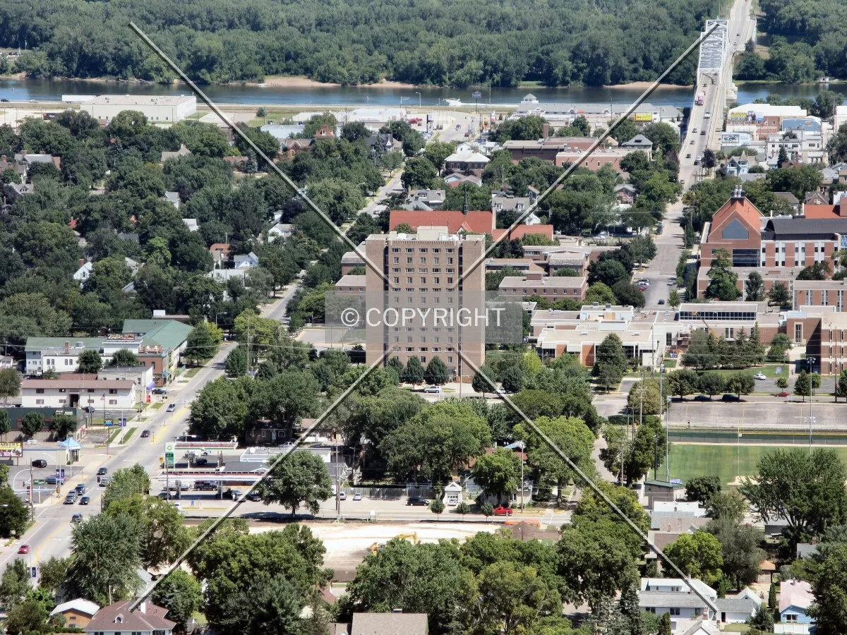 View from the Garvin Heights Scenic Overlook, with the northern part of campus and Mississippi River Bridge in background