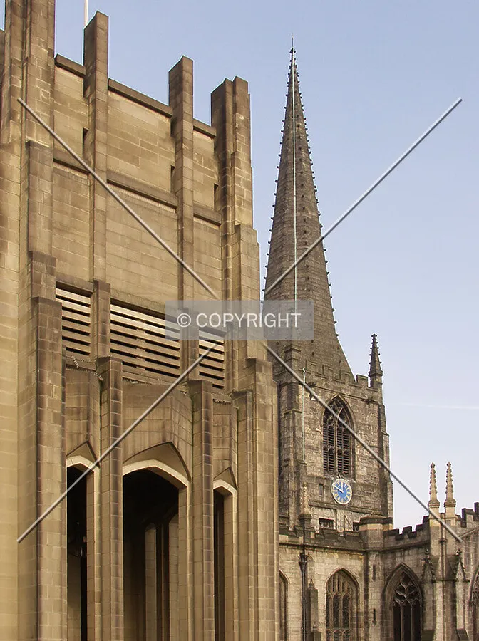 View of the modern narthex and ancient spire