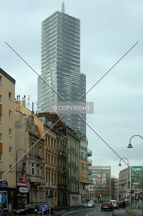 Rising over historic buildings