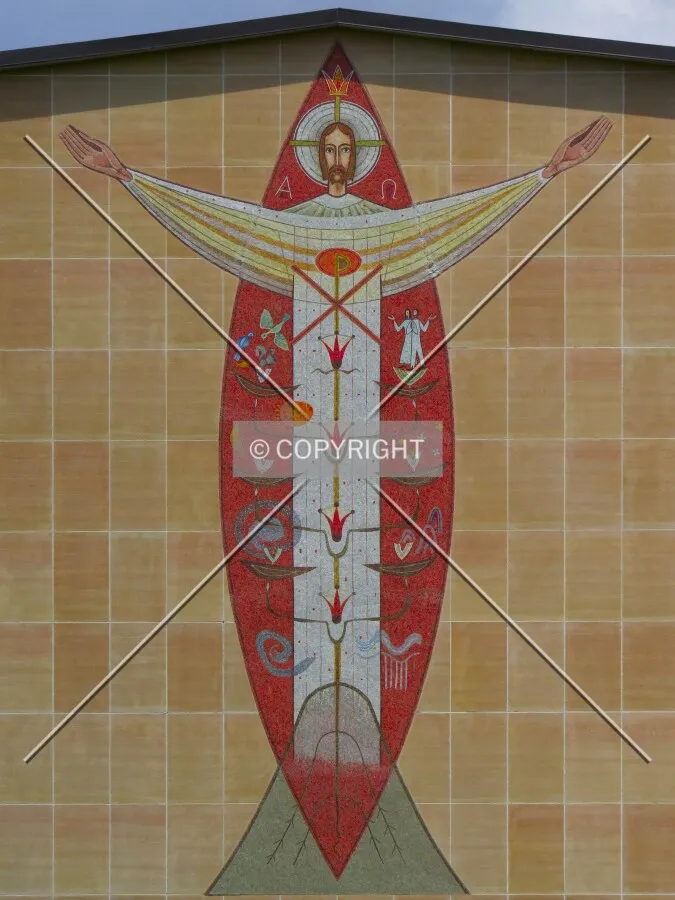 The massive mosaic of Jesus on the south elevation of the sanctuary