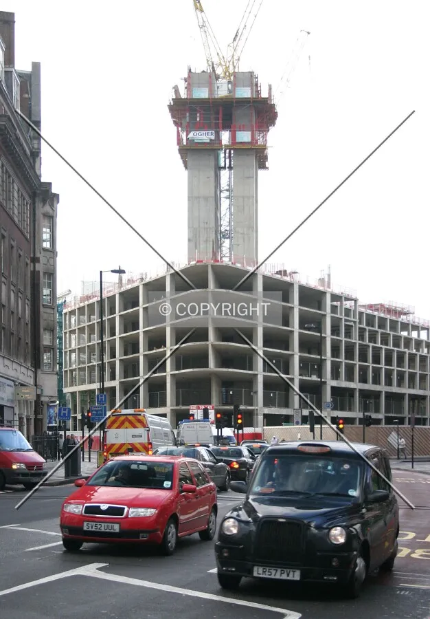 View northwest from City Road of the podium's frame and rising main tower
