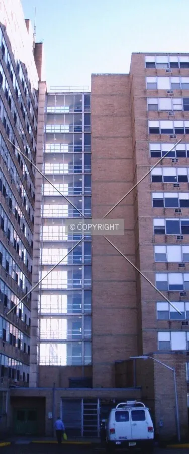 Glass walkways connecting the east and west wings, from the north