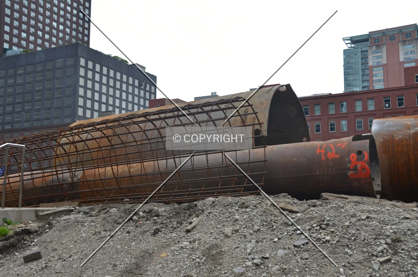 Caisson tops and a rebar cage. May 20, 2016