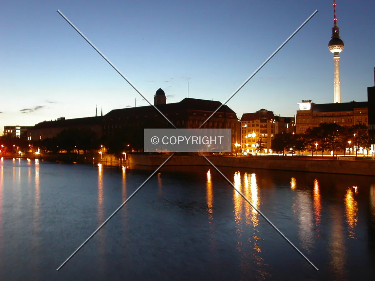 A night view toward Alexander platz from the Spree