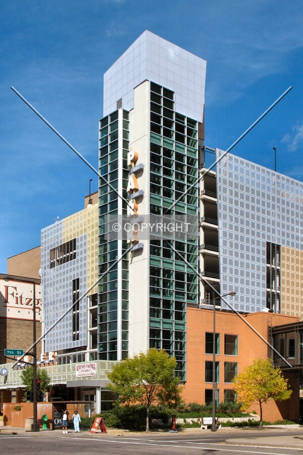 Elevator tower from across 7th/Wabasha Streets