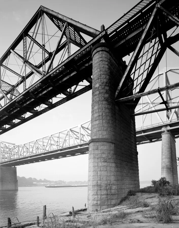 Pier IV, with portions of west anchorage and west deck approach spans, looking southeast