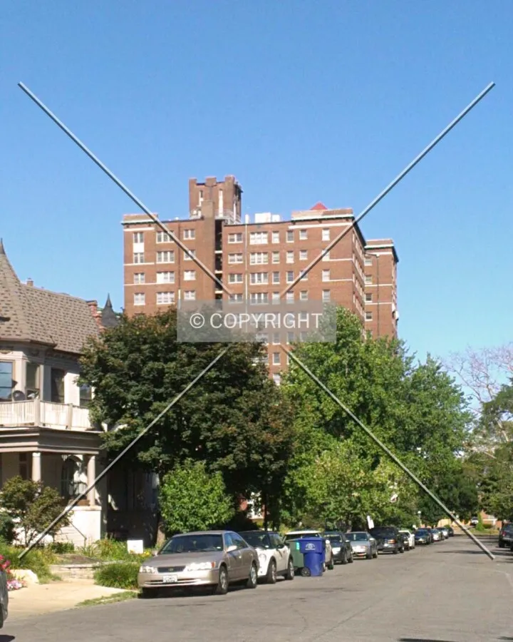 View of the upper floors from Pershing Avenue to the west