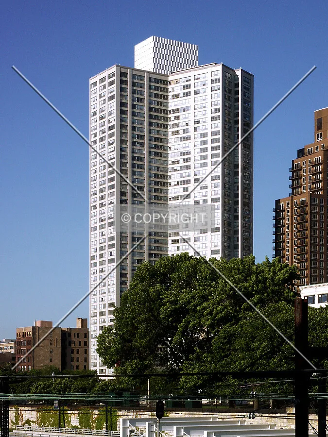 View from the northeast across the Metra tracks