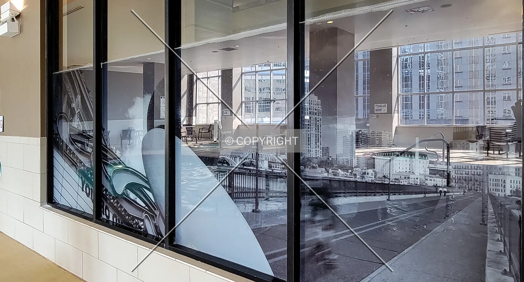 Windows inside the Hyatt Place swimming pool area; July 3, 2021