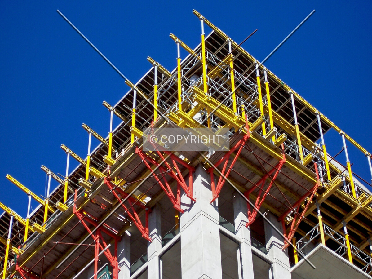 Scaffolding and temporary decking at the top of the southwest corner