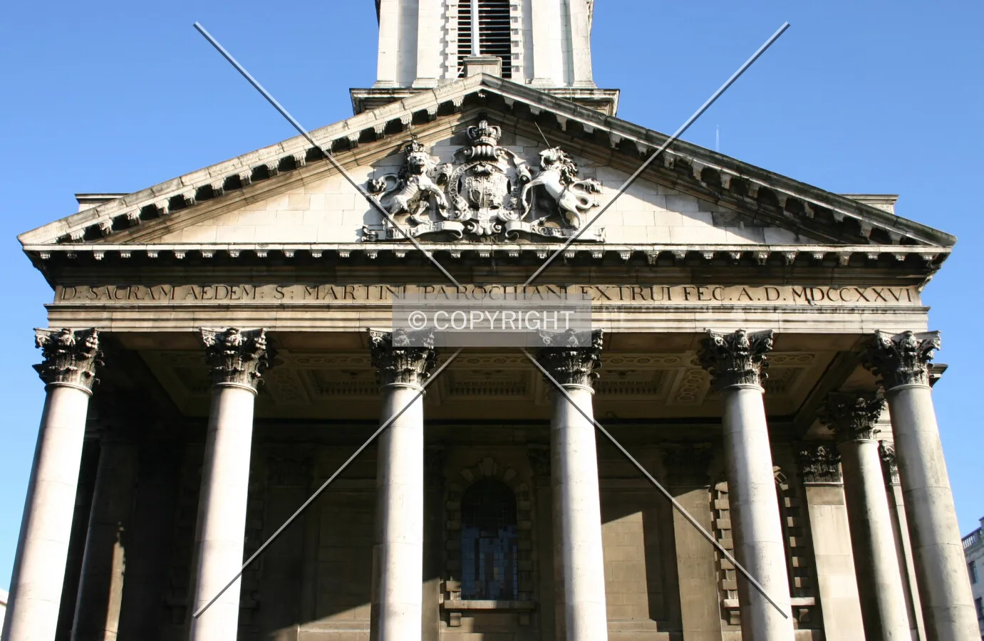 View towards the supporting columns and pediment