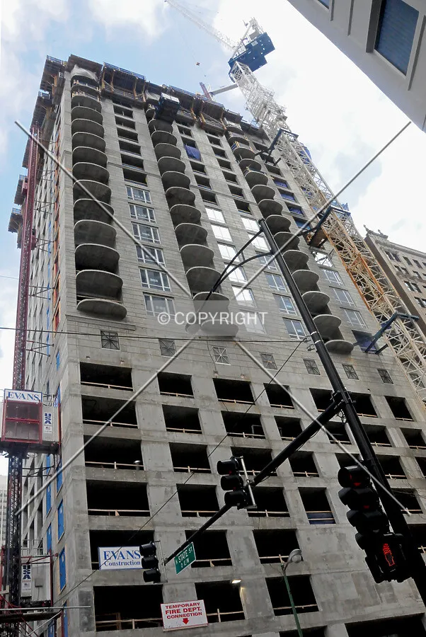 Looking up from the intersection of State Street and Delaware Place