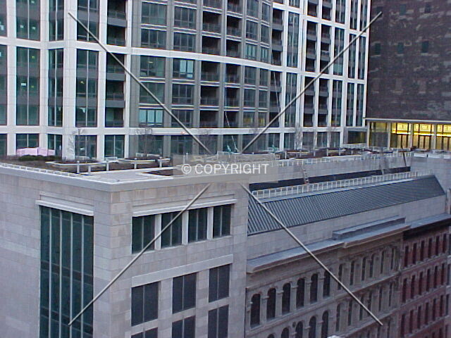 The rooftop garden on the western side of the building as viewed from the top of a parking garage at Wabash and Randolph Streets