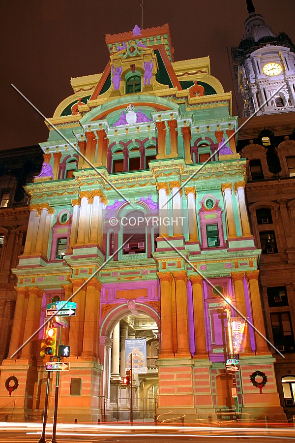 East facade during a holiday lighting ceremony