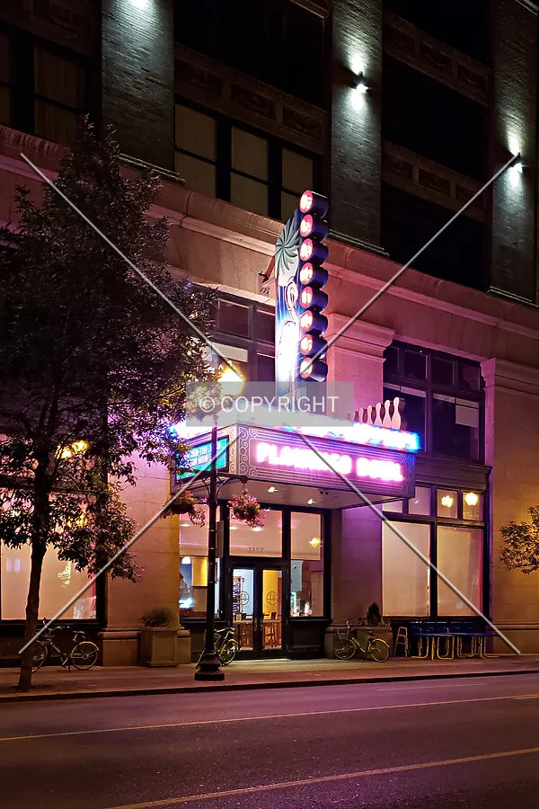 Flamingo Bowl entrance at night; June 6, 2018