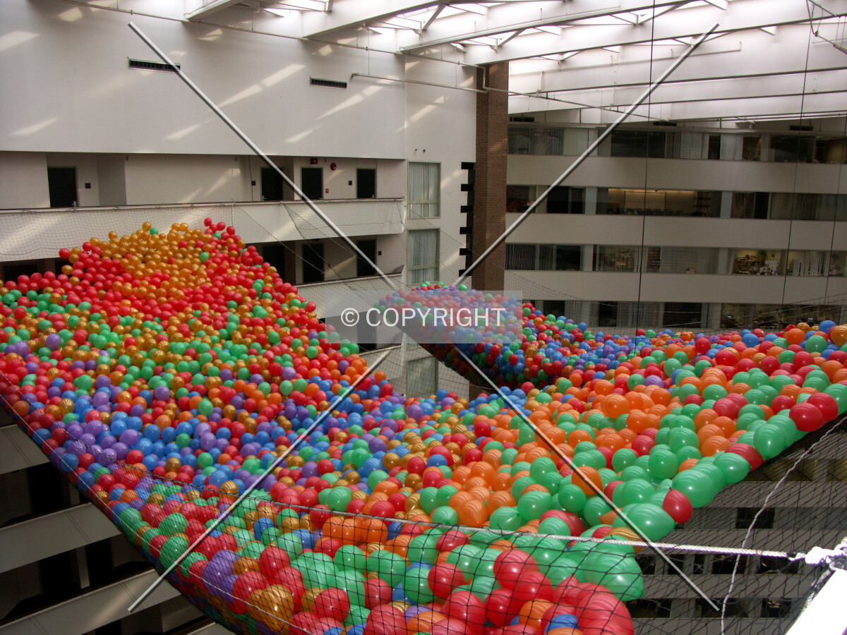 New Year's balloons ready for release, from 20th floor of atrium
