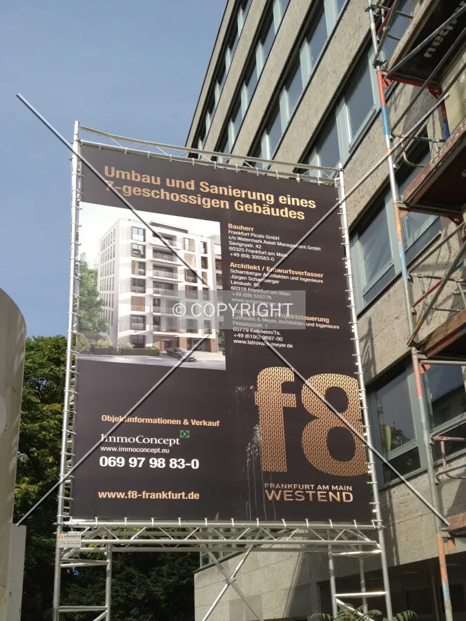 Sign showing the conversion of a former office building into the f8 residential building
