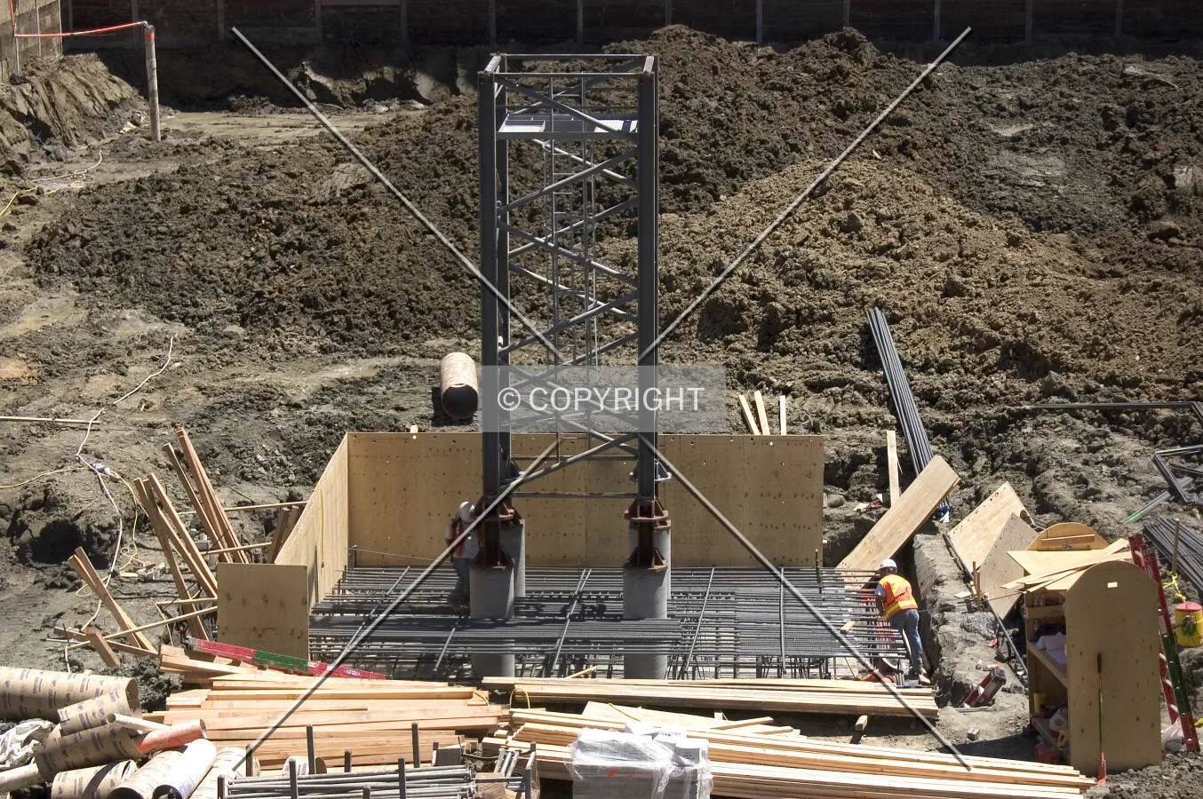The rebar cage is prepared for the crane-tower foundation