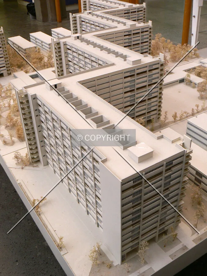 Looking down to the zig-zag buildings