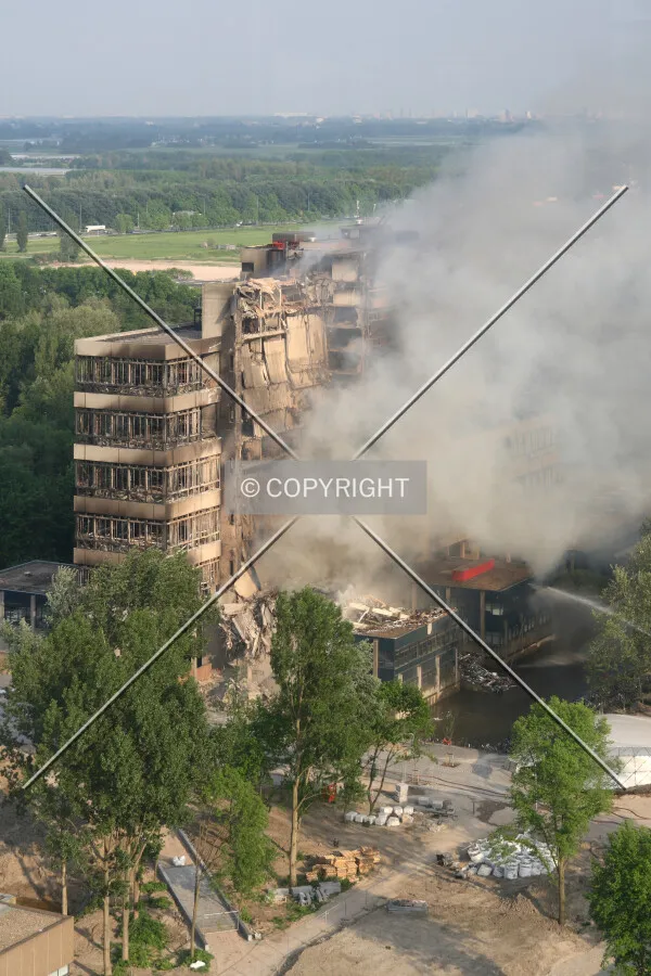 View of the burning building
