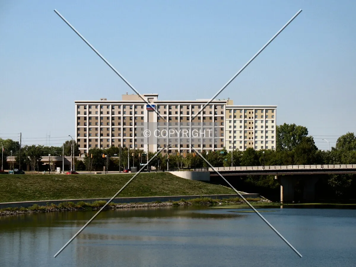 Distant view to the north from North White River Parkway, West Drive; Apartment tower in front