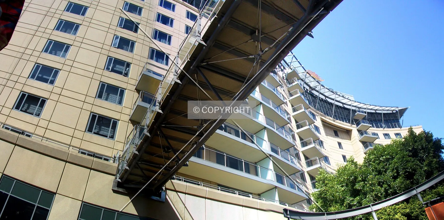 View under the footbridge linking the apartment tower to the hotel tower