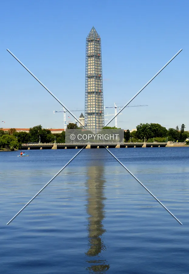 From across the Tidal Basin to the southwest encased in scaffolding to repair damage from the 2011 Virginia earthquake