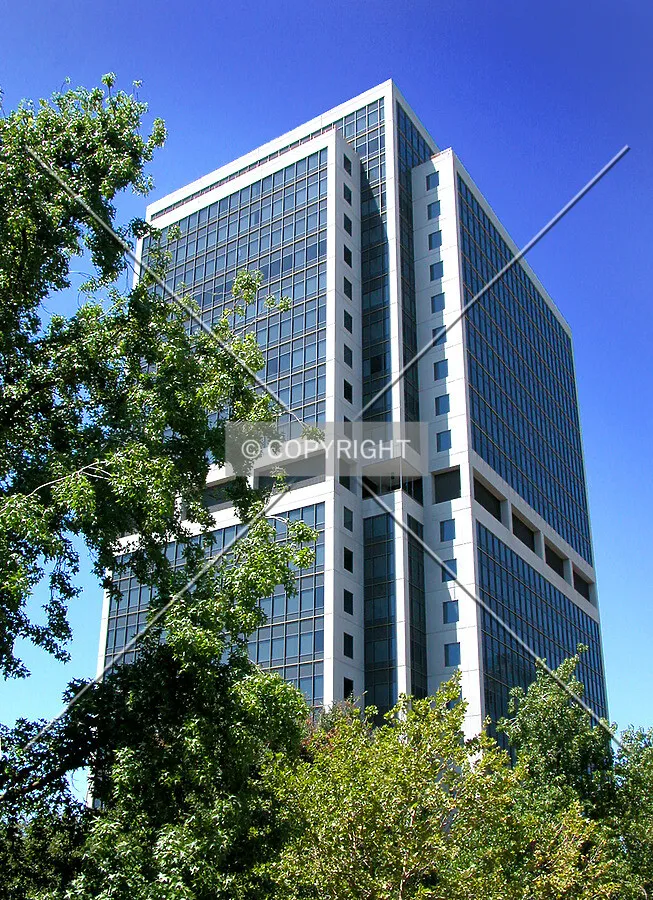 Upper floors rising above Sacramento's many trees