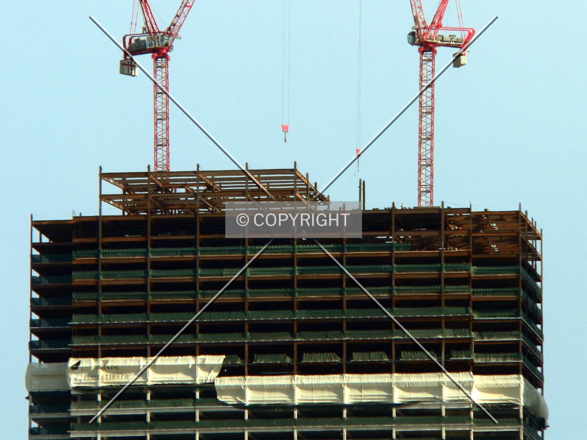 Structural steel being installed as seen from the south