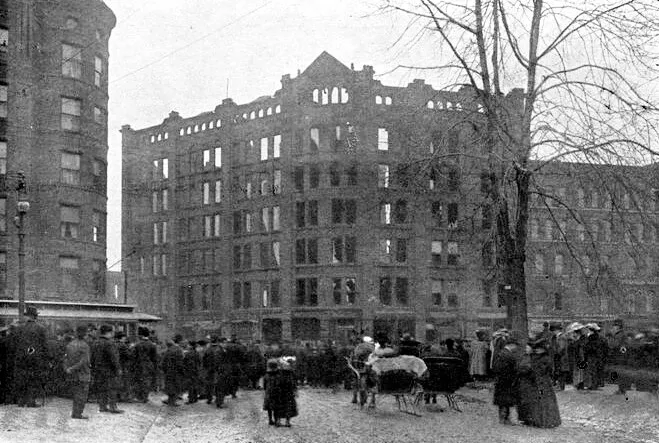 View from the southeast after being destroyed by fire