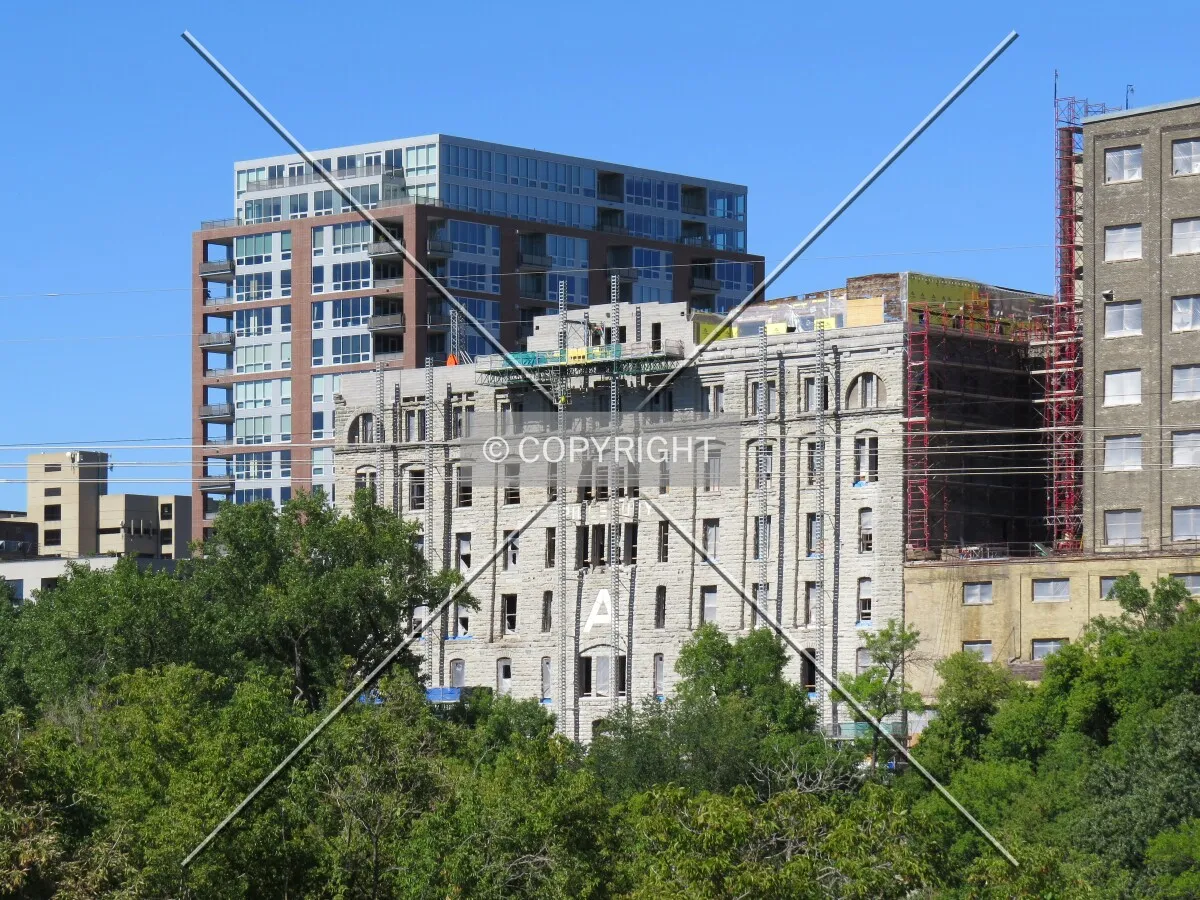 View to the north from the Stone Arch Bridge during renovation into lofts