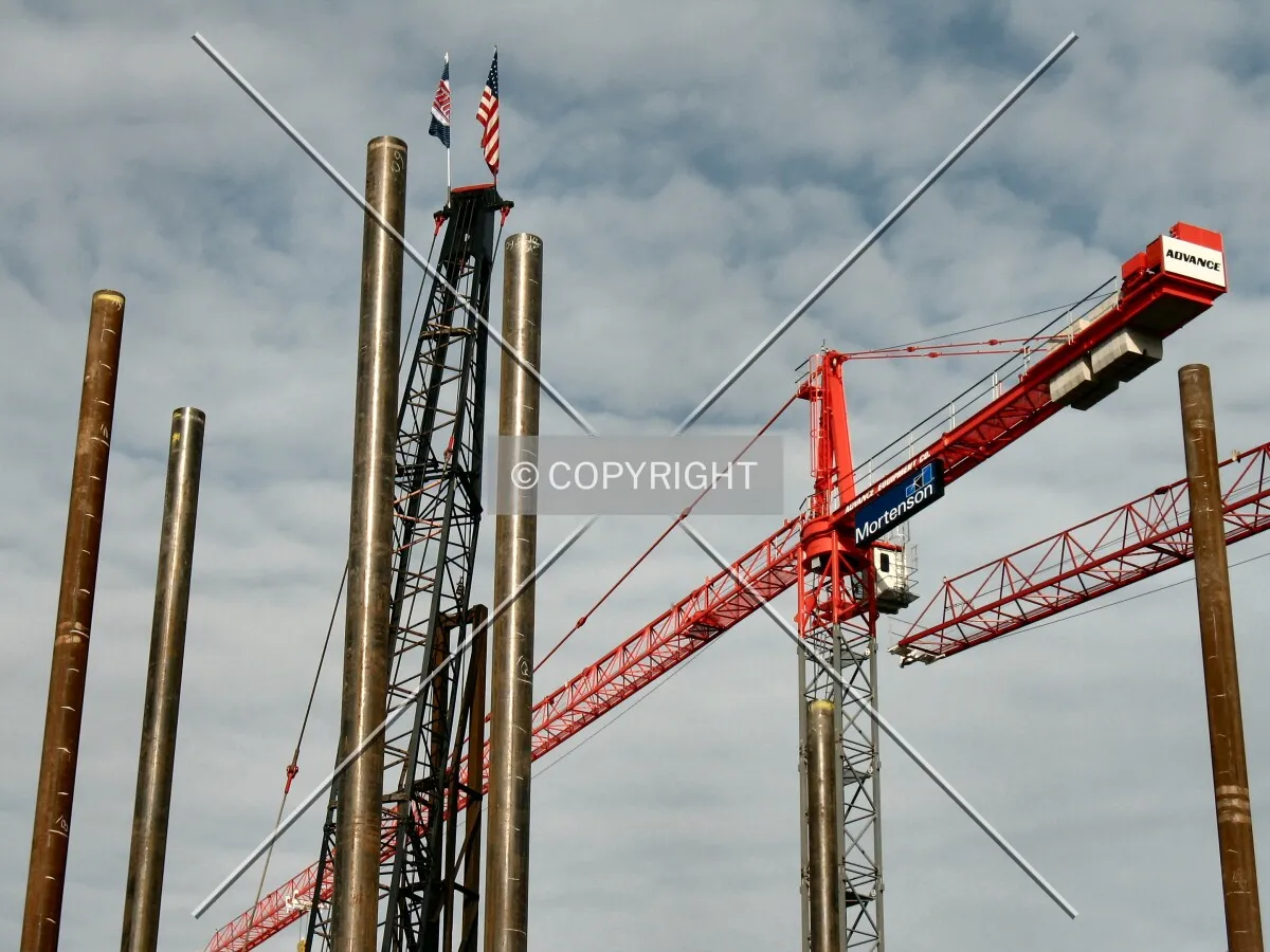 Tops of piles, foundation crane, and tower cranes
