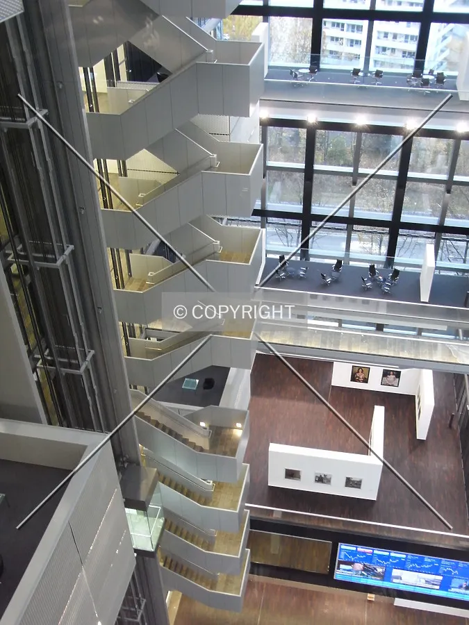 Inside Deutsche Börse Cube building - Looking down from a walkway
