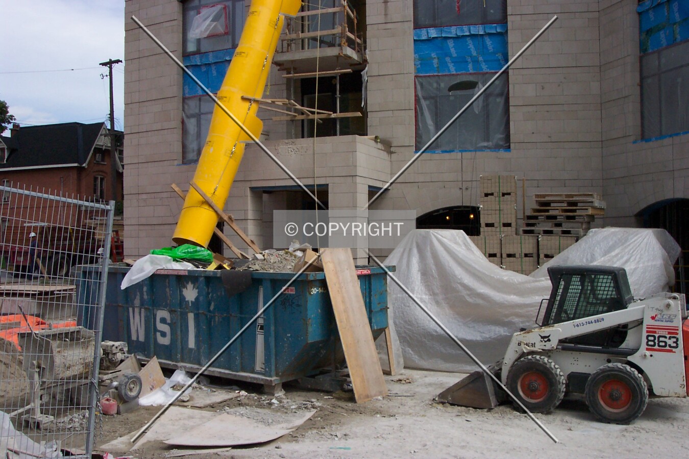 Equipment and materials at the front of the building