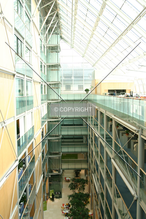 View east across the atrium from a fifth floor skybridge