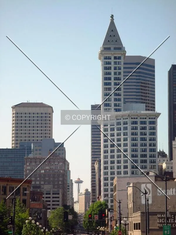 Shot straight up Second Avenue from the Smith Tower to the Space Needle