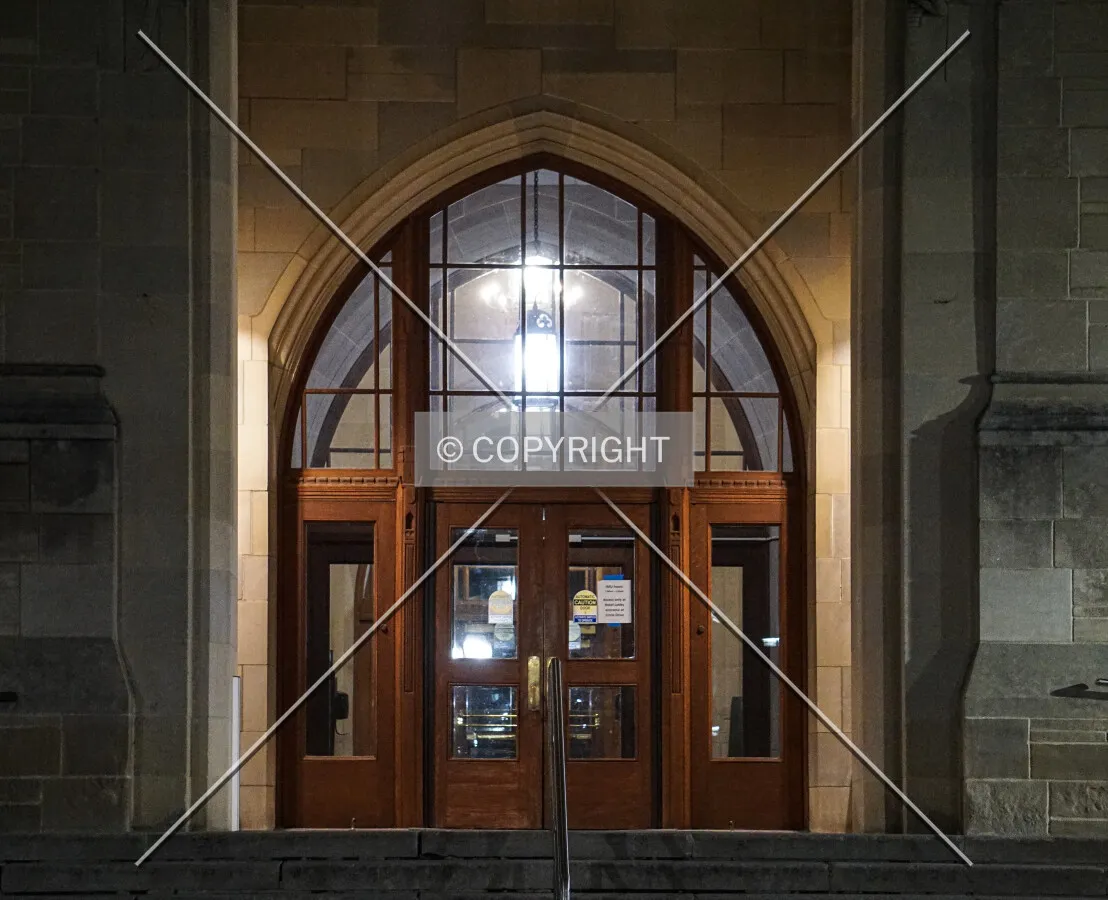 Main entrance at night; March 29, 2020