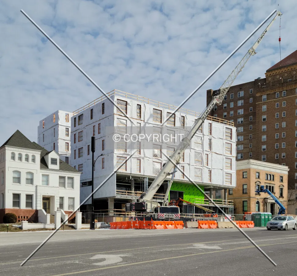 From the southwest during construction; February 14, 2021
