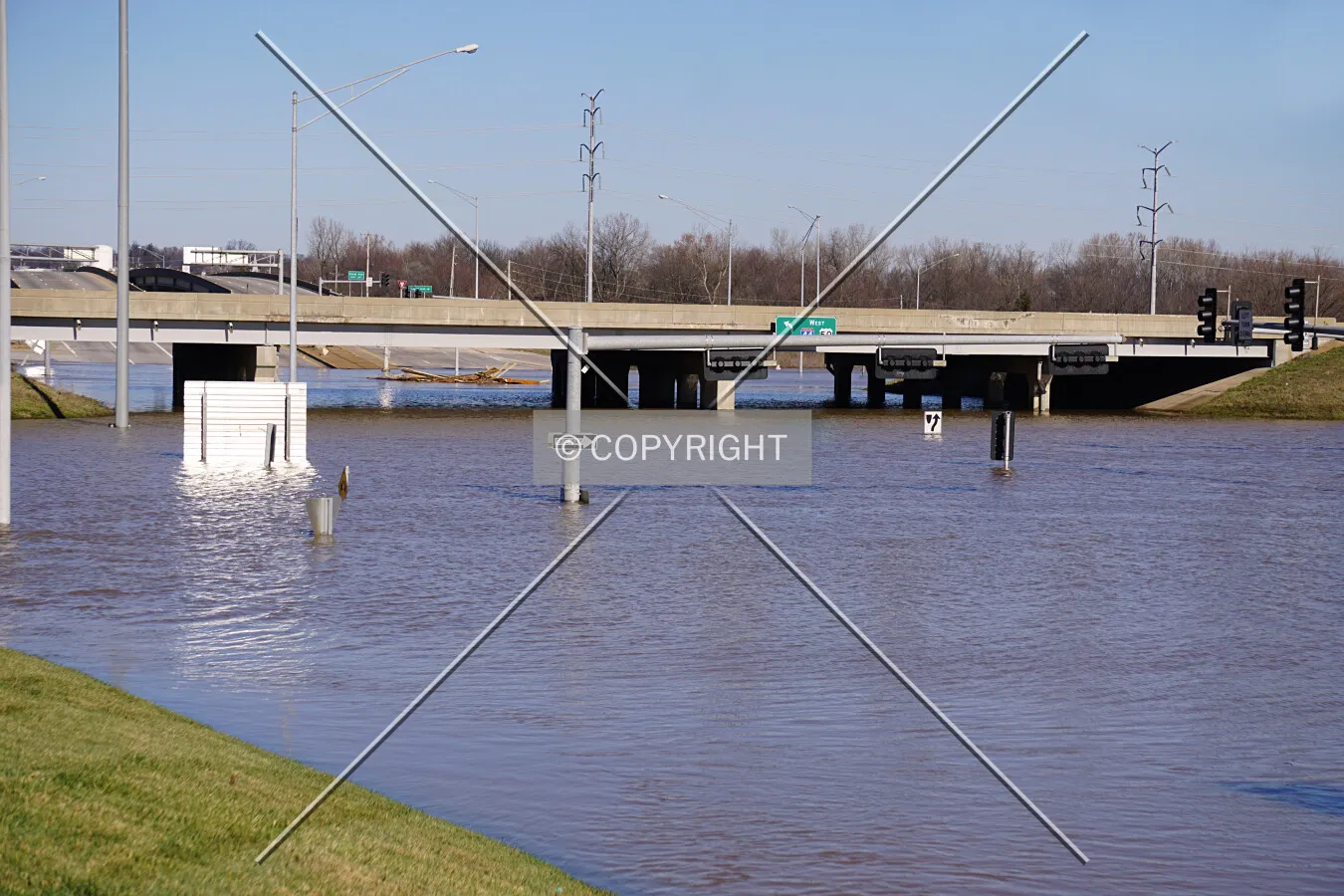 View from the south with Highway 141 flooded by the Meramec River; January 1, 2016