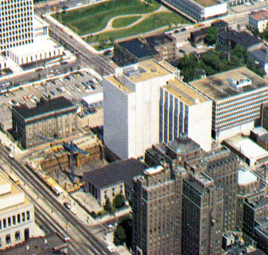 View from the southeast showing the original building and the addition under construction