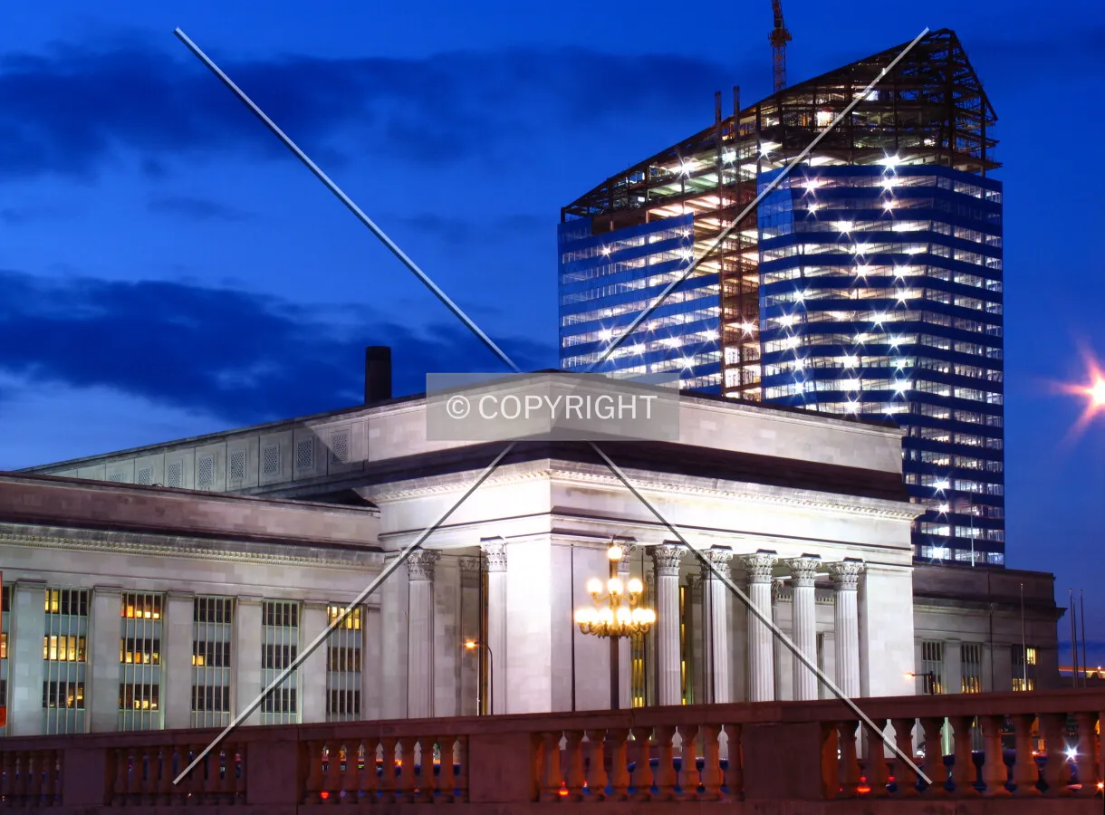 From the southeast above 30th Street Station, just after sunset