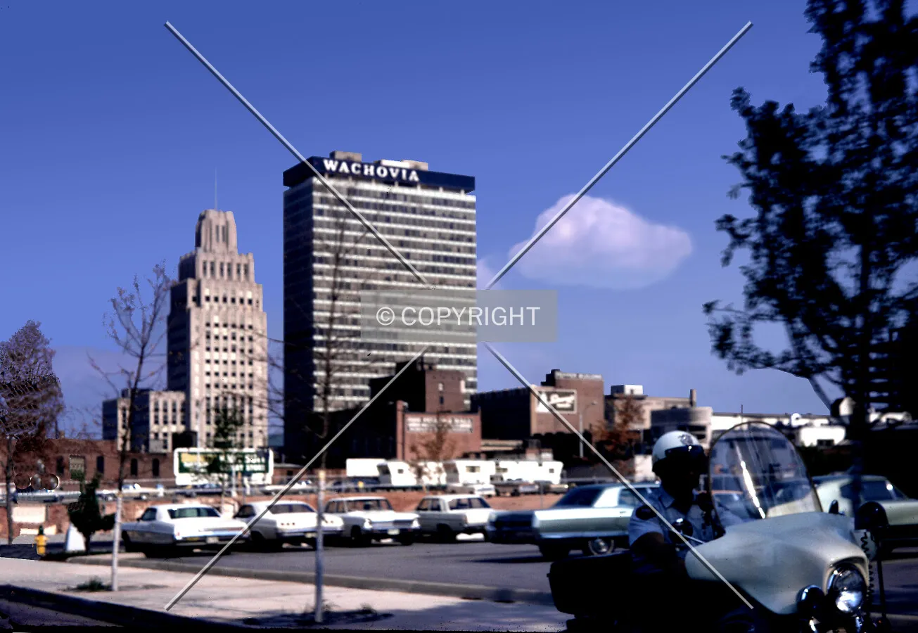 View southeast from Fifth Street before construction of the Winston Plaza and Hyatt House Hotels