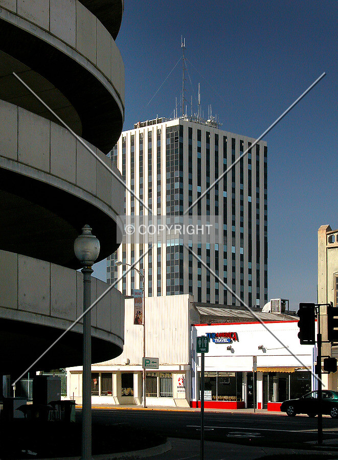 From the south, with the "donut ramp" parking garage to the left