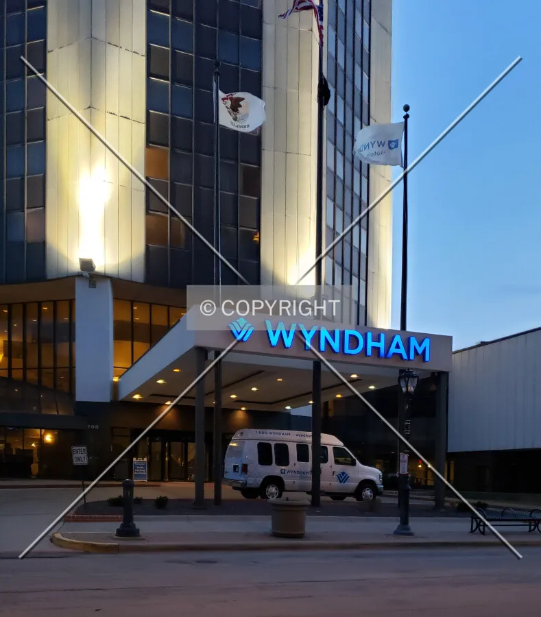 Main entrance at night; March 27, 2019