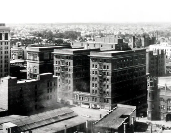 View from the southeast after addition of the upper two stories