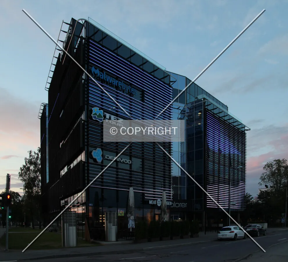Evening view showing light show on facade